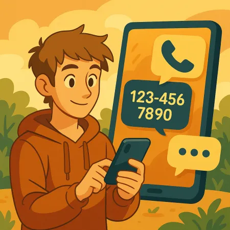 Ung man som ler i en hoodie och använder sin smartphone, med en stor telefonbakgrund som visar en samtalsikon och ett fiktivt telefonnummer (123-456-7890), i en stiliserad och varm utomhusmiljö.