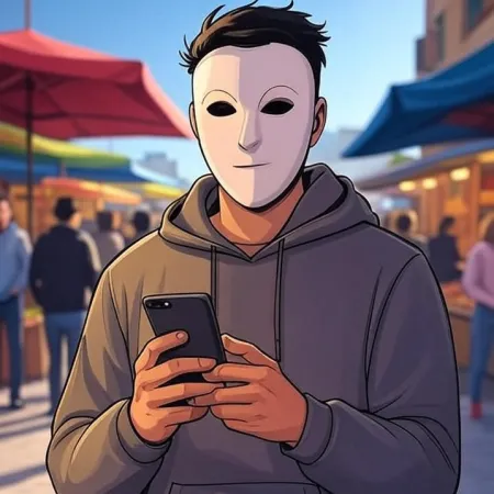 En ung man i animerad stil som bär en vit mask och grå hoodie, tittar på sin telefon på en utomhusmarknad.