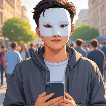 En ung man med animerad stil, bärande en vit mask och en grå hoodie, tittar på kameran medan han håller en smartphone på en överfull gata.