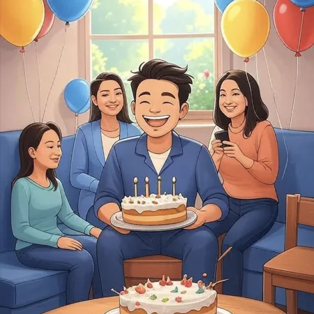 Leende man som håller en tårta med fem ljus, omgiven av nära och kära i ett rum dekorerat med färgglada ballonger.